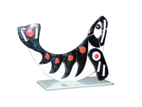 Black, red, and white glasswork orca in Pacific Northwest Native American orca art style.