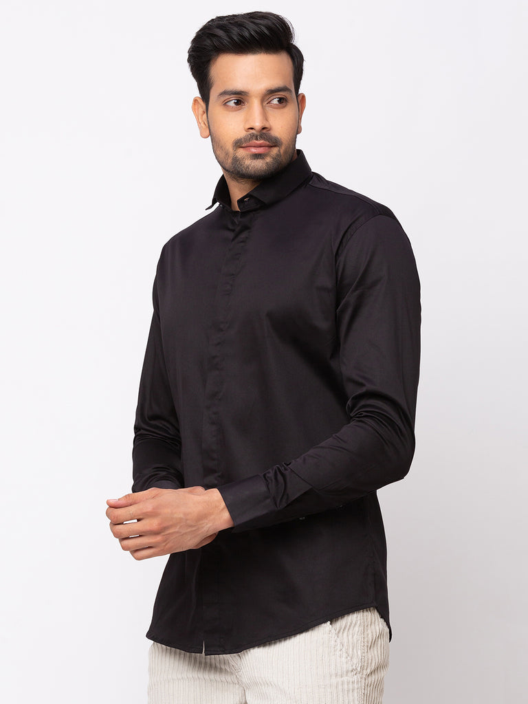 Black Formal Shirt with Concealed Buttons – Mode De Base Italie