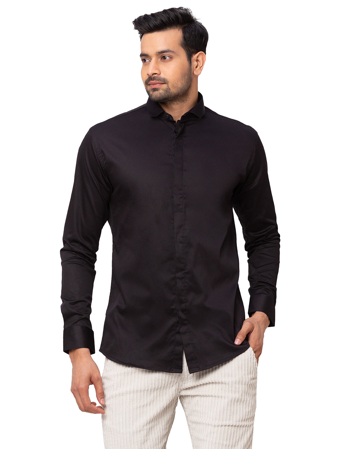 Black Formal Shirt with Concealed Buttons – Mode De Base Italie