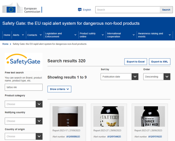 Tattoo ink search on the EU alerts system, safety gate (formerly RAPEX)