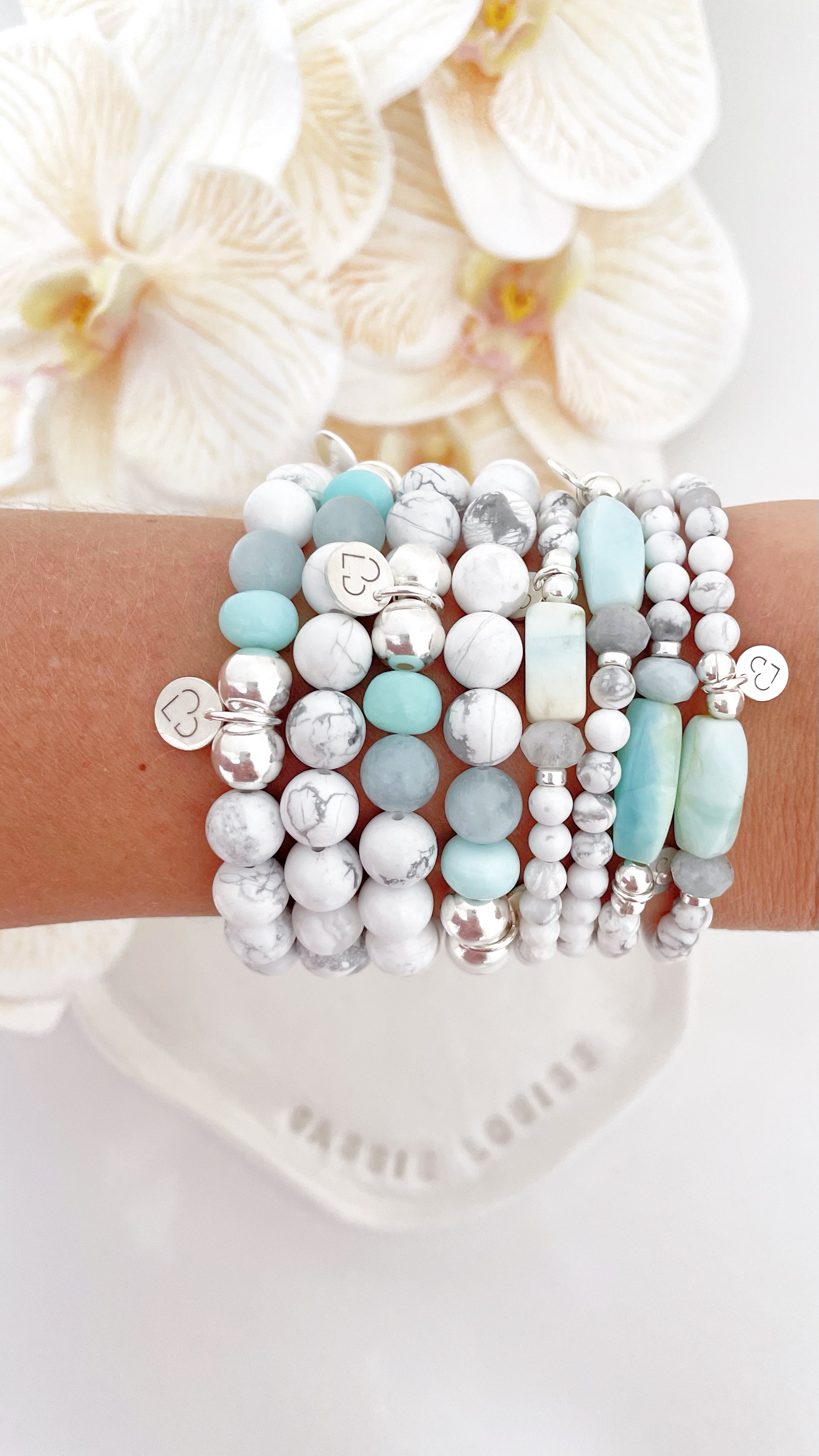 Howlite peruvian opal and aquamarine crystal bracelet stack - Cassie Louise Designs PACIFICA