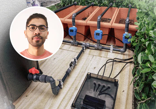 Arduino-powered automated plant watering system: Image displays the setup with multiple plant pots, the control system with wiring, the Arduino board used for the project, and a portrait of the creator. An 'AMAZING, IT'S ARDUINO' badge highlights the technology.