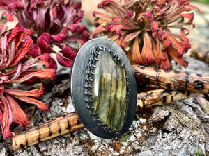 Sterling Silver Labradorite Hollow Form Adjustable Ring (2) - Bella Desiderata