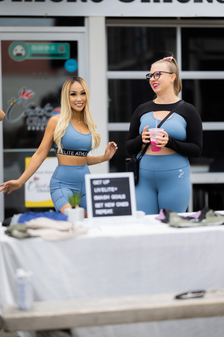 Livelite Athletica's founder, Elaine Li, at the Purpose Smoothie Co's pop-up, with friend Jessica Larson having fun.