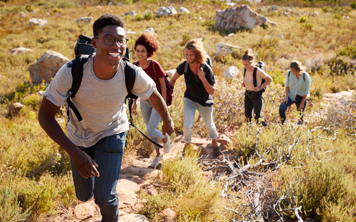 Group walking uphill