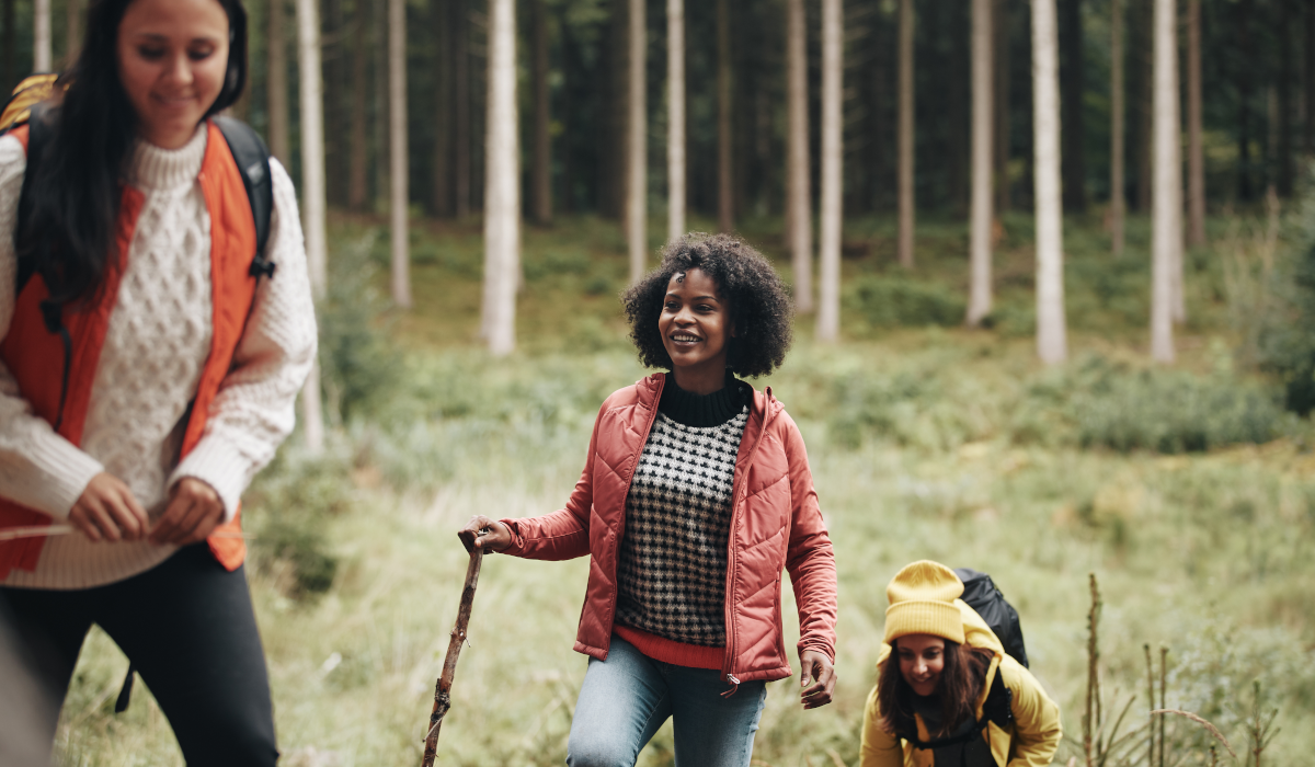 grouple of people walking in forest