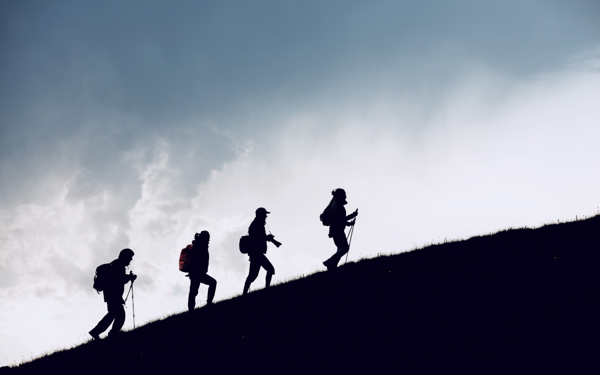 Walkers hiking uphill