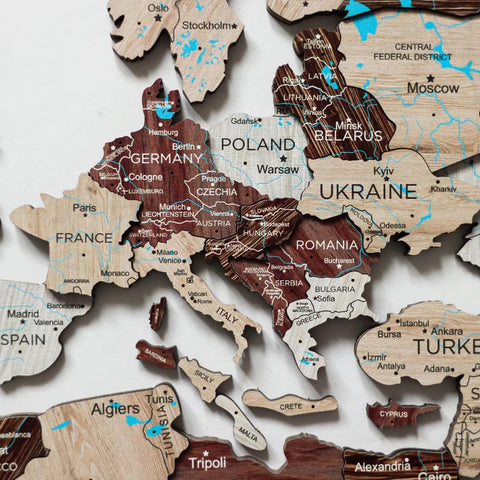 3D Wooden World Map in Cappuccino Color Closeup