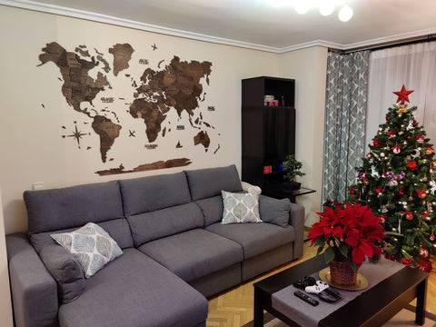 3D Wooden World Map in Dark Walnut Color in a Living Room