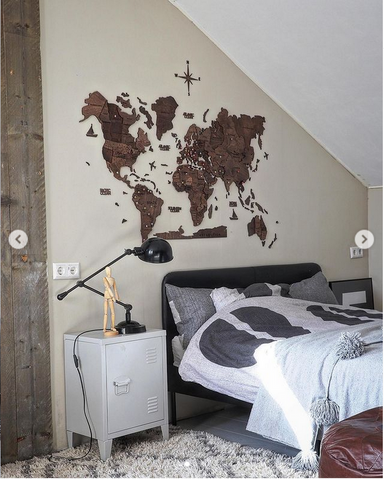 3D Wooden World Map in Dark Walnut Color in a Bedroom