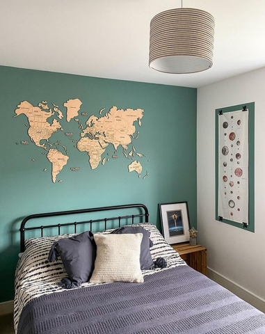 3D Wooden World Map in Light Color in a Bedroom