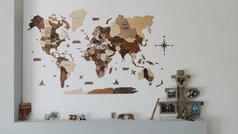 3D Wooden World Map in Multicolor in a Foyer