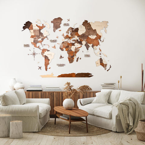 3D Weltkarte Holz in Multicolor in einem modernen Wohnzimmer