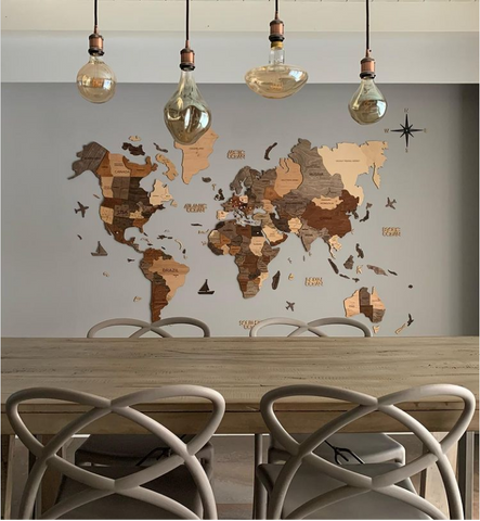 3D Wooden World Map in Multicolor in a Dining Room