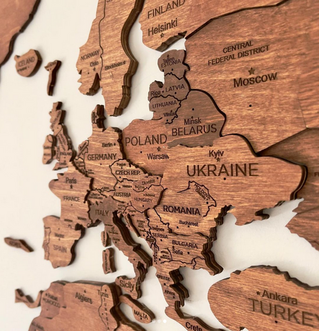 3D Wooden World Map in Oak Color Closeup