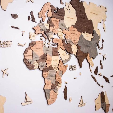 3D Wooden World Map in Smokey Color Closeup