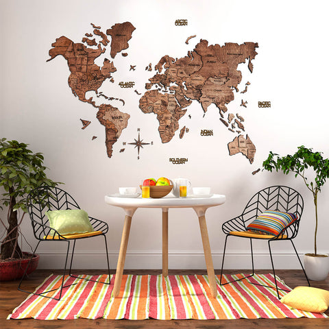 3D Weltkarte Holz in der Farbe Terra in einem Esszimmer
