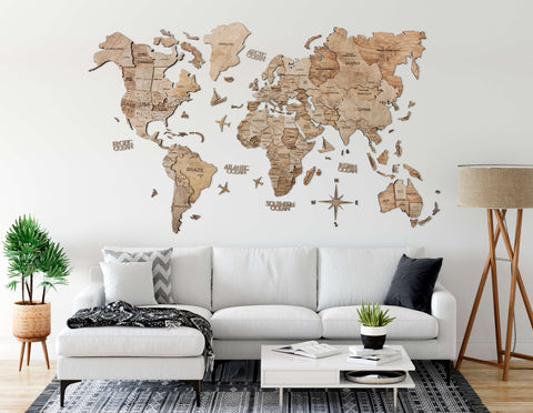 3D Weltkarte Holz in der Farbe Terra in einem Wohnzimmer