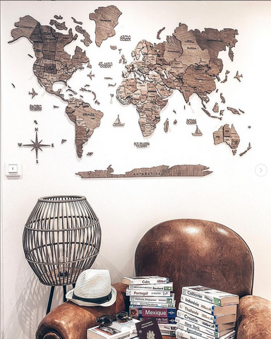 3D Wooden World Map in Terra Color in a Cozy Corner