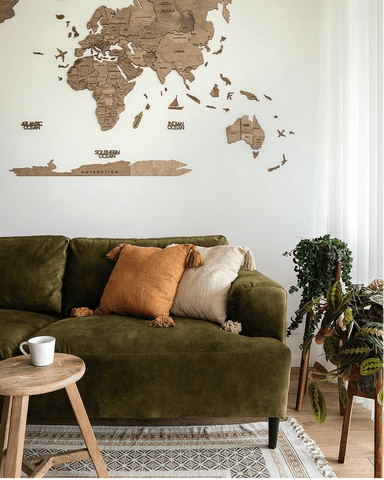 Wooden World Map Boho Living Room