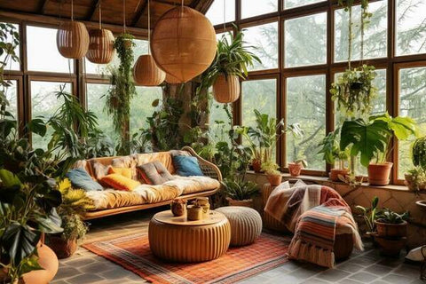 Mapamundi de madera, sala de estar bohemia, vegetación