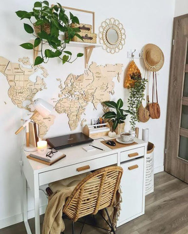Wooden World Map Boho Office Decor