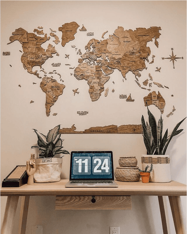 Mapa del mundo de madera Decoración de oficina boho