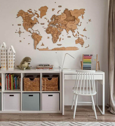 Wooden World Map Homeschool Geography Kids Room