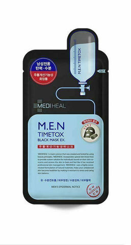 MEDIHEAL MEN Timetox Black Mask Sheet Features Korea MedihealMEN(M.E.N) Timetox Black Mask EX. for male(man) mask 10pcs. A black mask sheet containing charcoal effective for cleansing the skin will provide healthy and moisturizing skin. Effectiveness: Skin tone-up(Whitening), skin waste cleansing, Moisturizing, Wrinkle declined.  How to use After clean your face arragne the face with toner . Apply mask sheet 15~20 minutes. Detach a mask tap your face with finger for absorbed.  Specification Brand : MEDIHEAL Capacity : 25ml Country of origin : Republic of Korea Target Area : Face - Skin Type : All Skin Types Condition : 100% Brand-new with original box