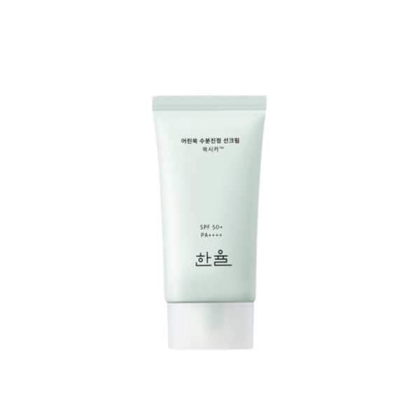 HANYUL Pure Artemisia Watery Calming Sun Cream 50ml, a soothing sunscreen for sensitive skin, providing hydration and protection.