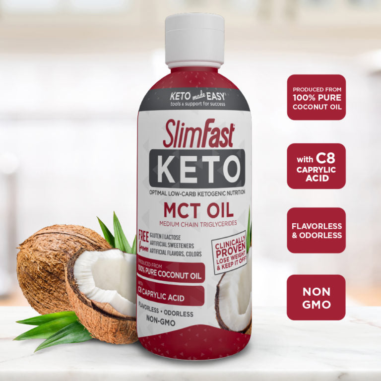 SlimFast Keto MCT Oil, produced from 100% pure coconut oil, with C8 Caprylic Acid, flavorless and odorless, non-gmo- product packaging carousel image