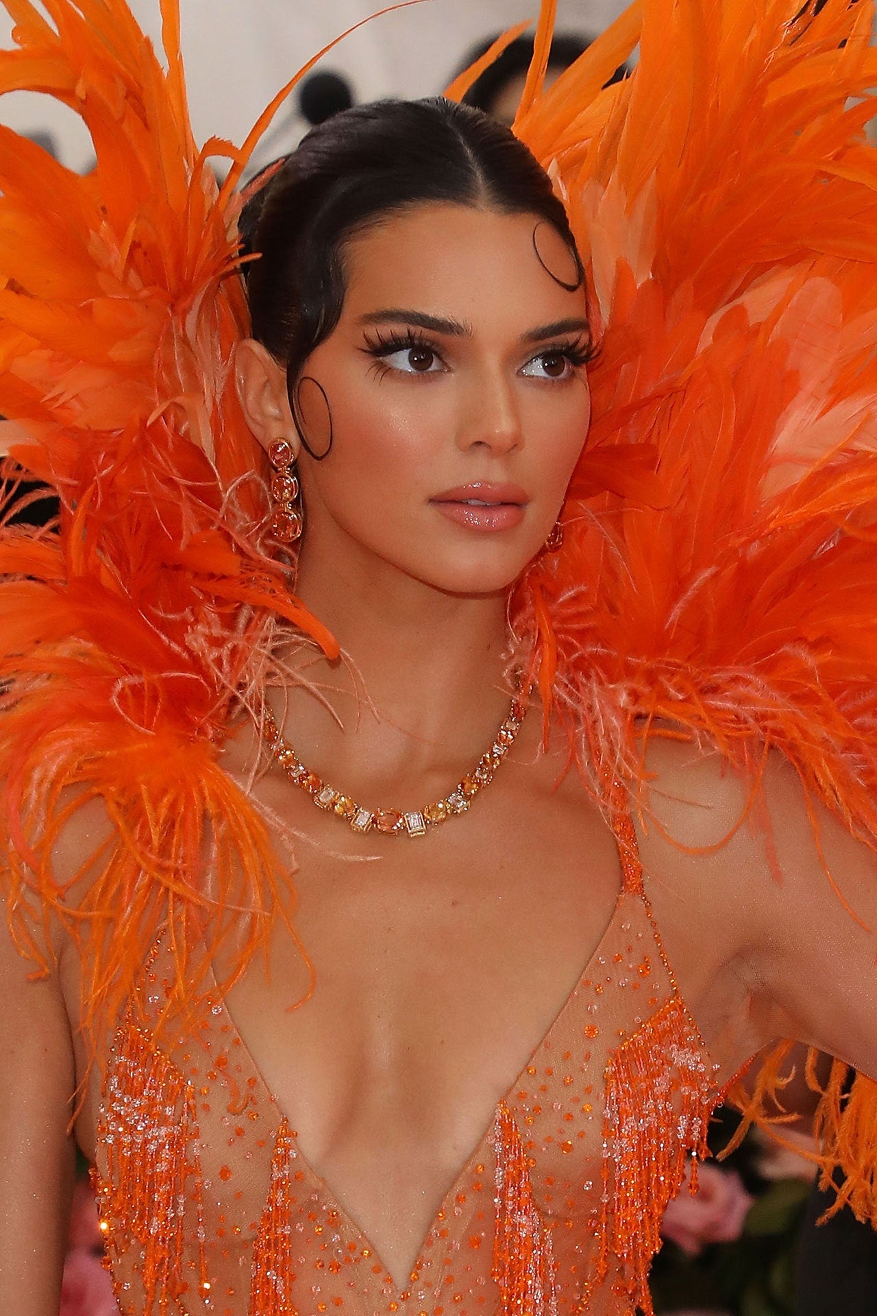 Kendal Jenner, Tiffany imperial topaz and diamond necklace and earrings from the 2019 Blue Book Collection, Met Gala, 2019