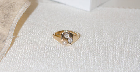 9kt gold diamond and pearl signet ring commission by jewellery brand Skomer Studio