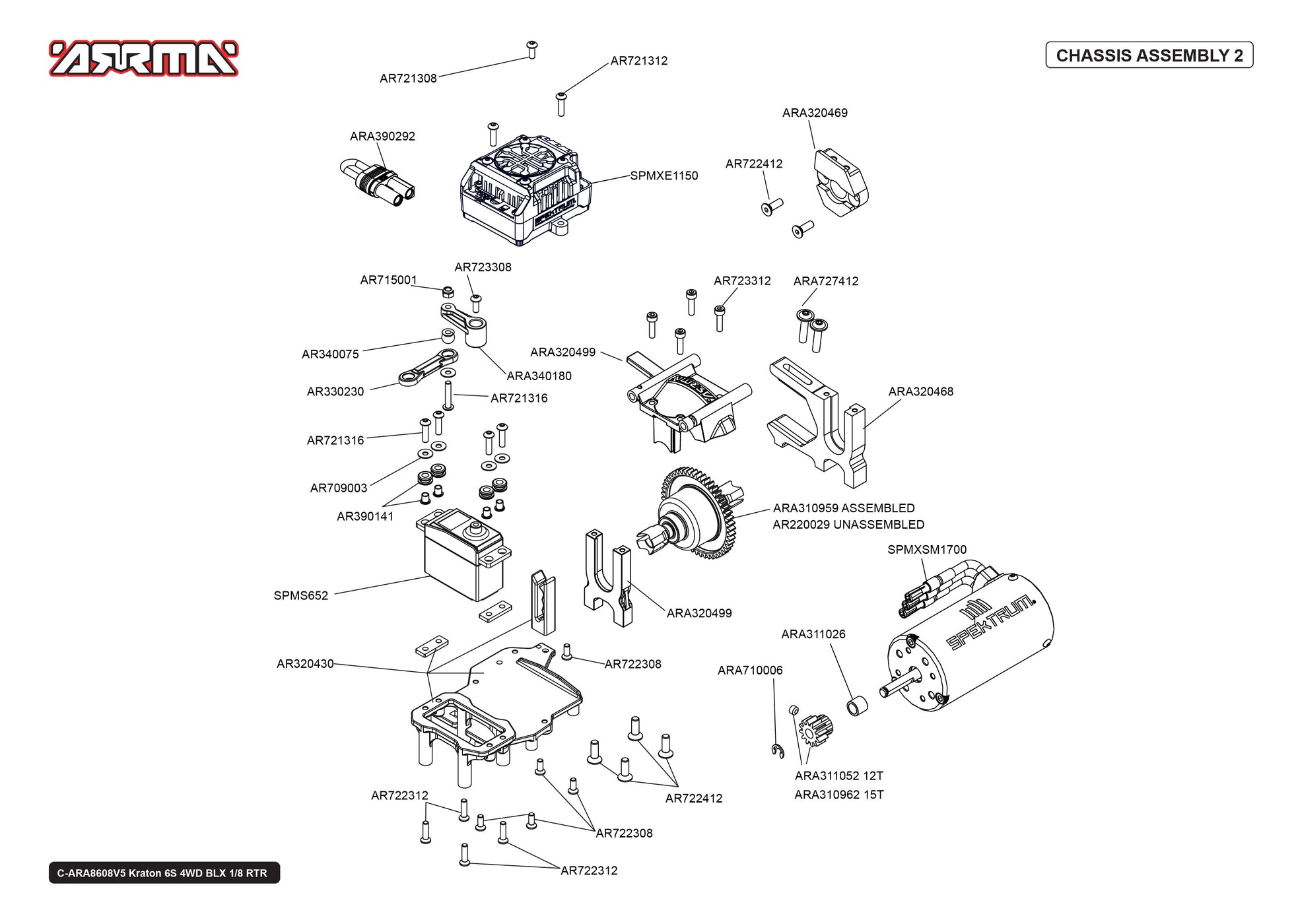 Arrma Kraton 6S BLX 4WD Parts Exploded View (8608V5T1) — Adventure