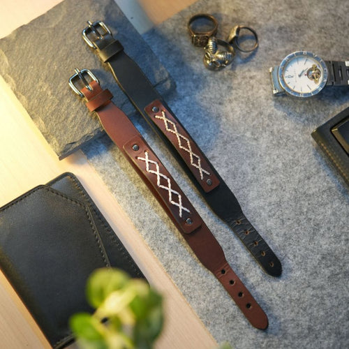 Buy Urbanity Black Leather Wrist Band For Men L Leather Kada For