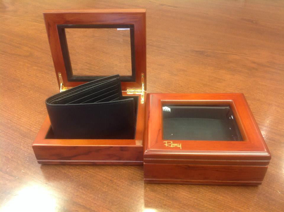 Leather wallet in a wooden box