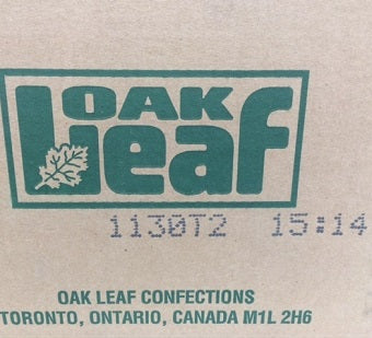 Date code printed on box of Oak Leaf gumballs