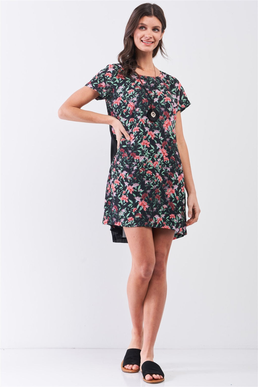 Floral Print Pleated Back Relaxed Mini Dress