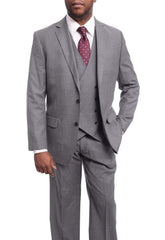 Man in grey three piece suit; double breasted vest and single breasted jacket