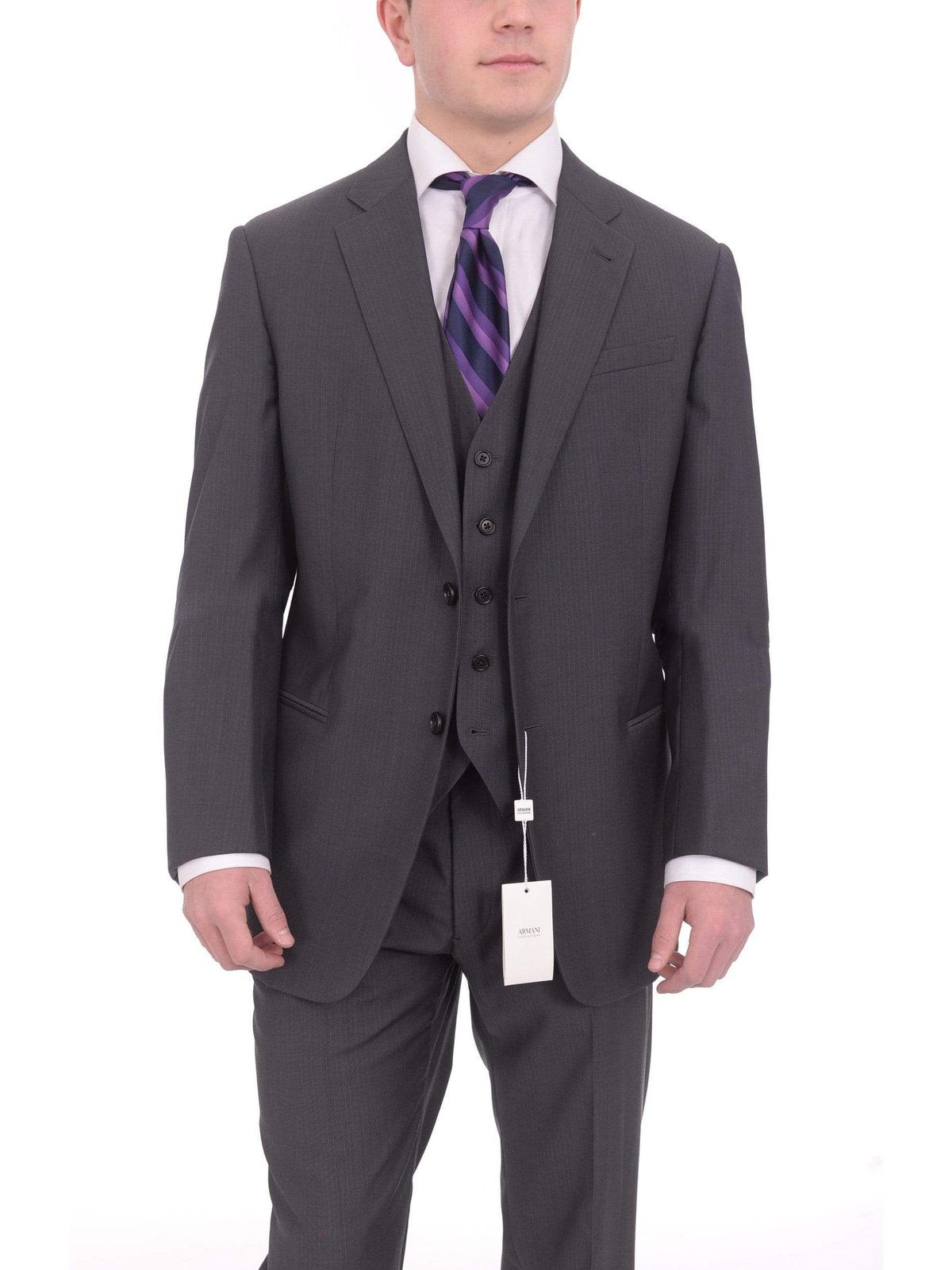 Armani Collezioni Giorgio Slim Fit Gray Striped Three Piece Wool Suit Size  48R | The Suit Depot