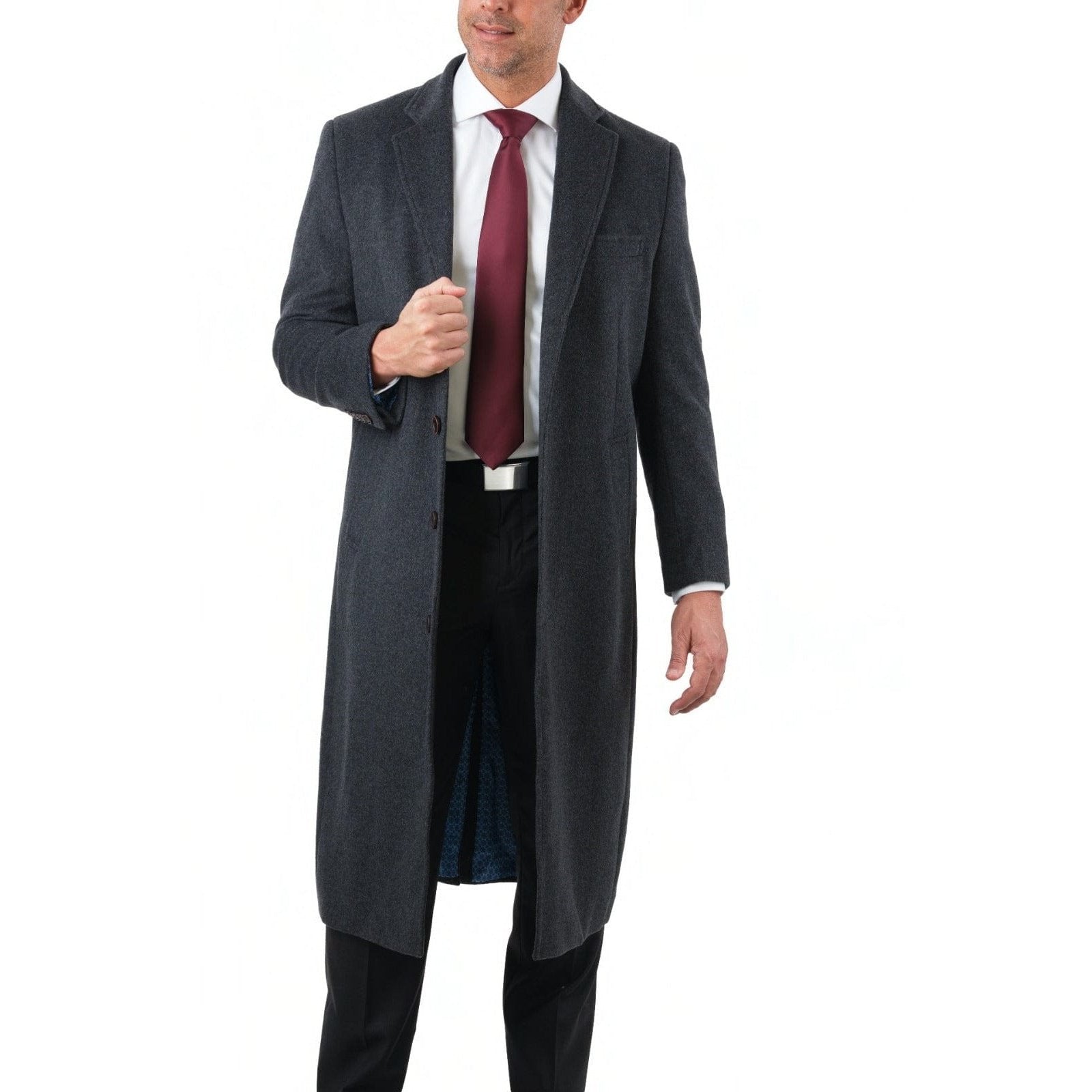 Mens Regular Fit Solid Burgundy Full Length Wool Cashmere Overcoat Top Coat