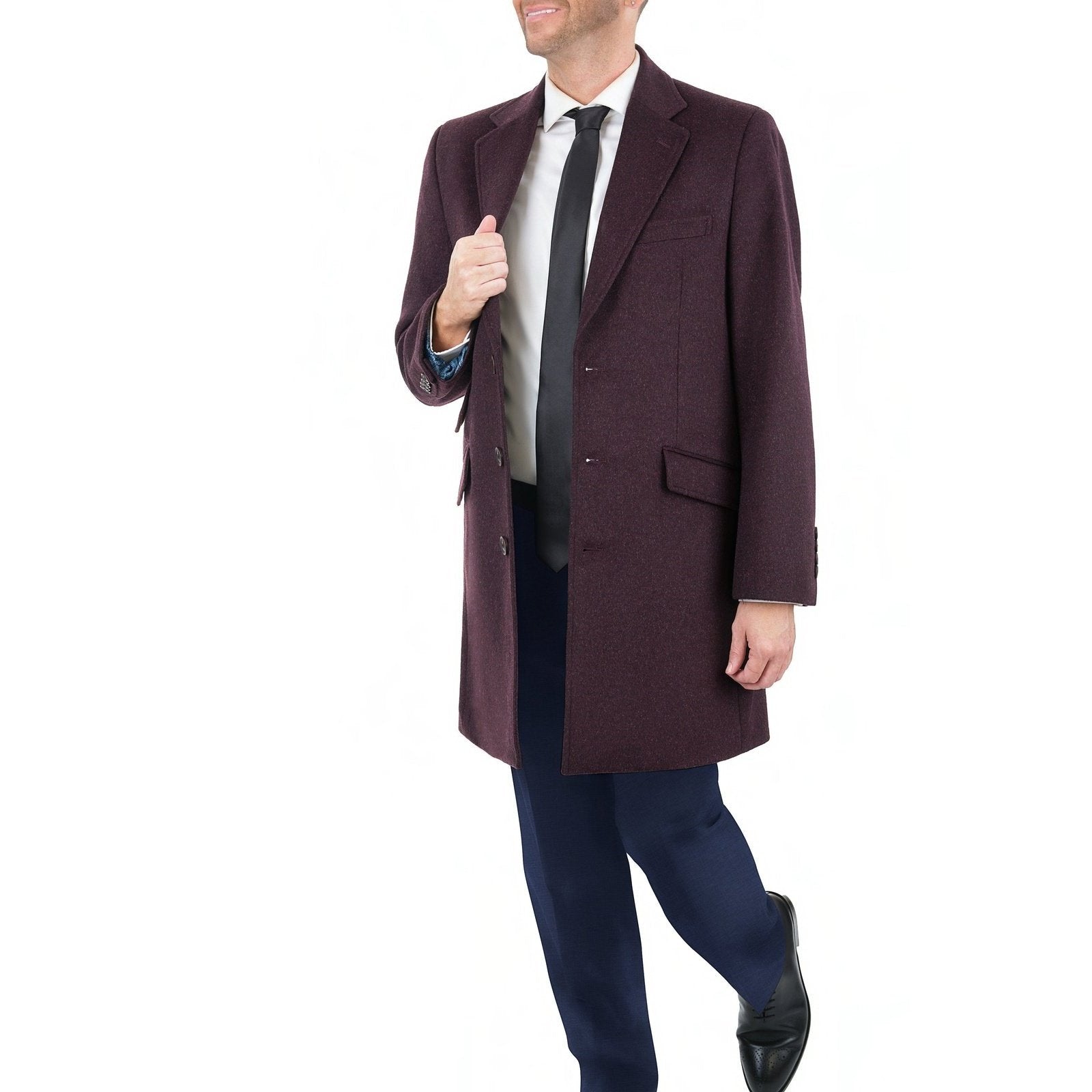 Mens Regular Fit Solid Burgundy Full Length Wool Cashmere Overcoat Top Coat