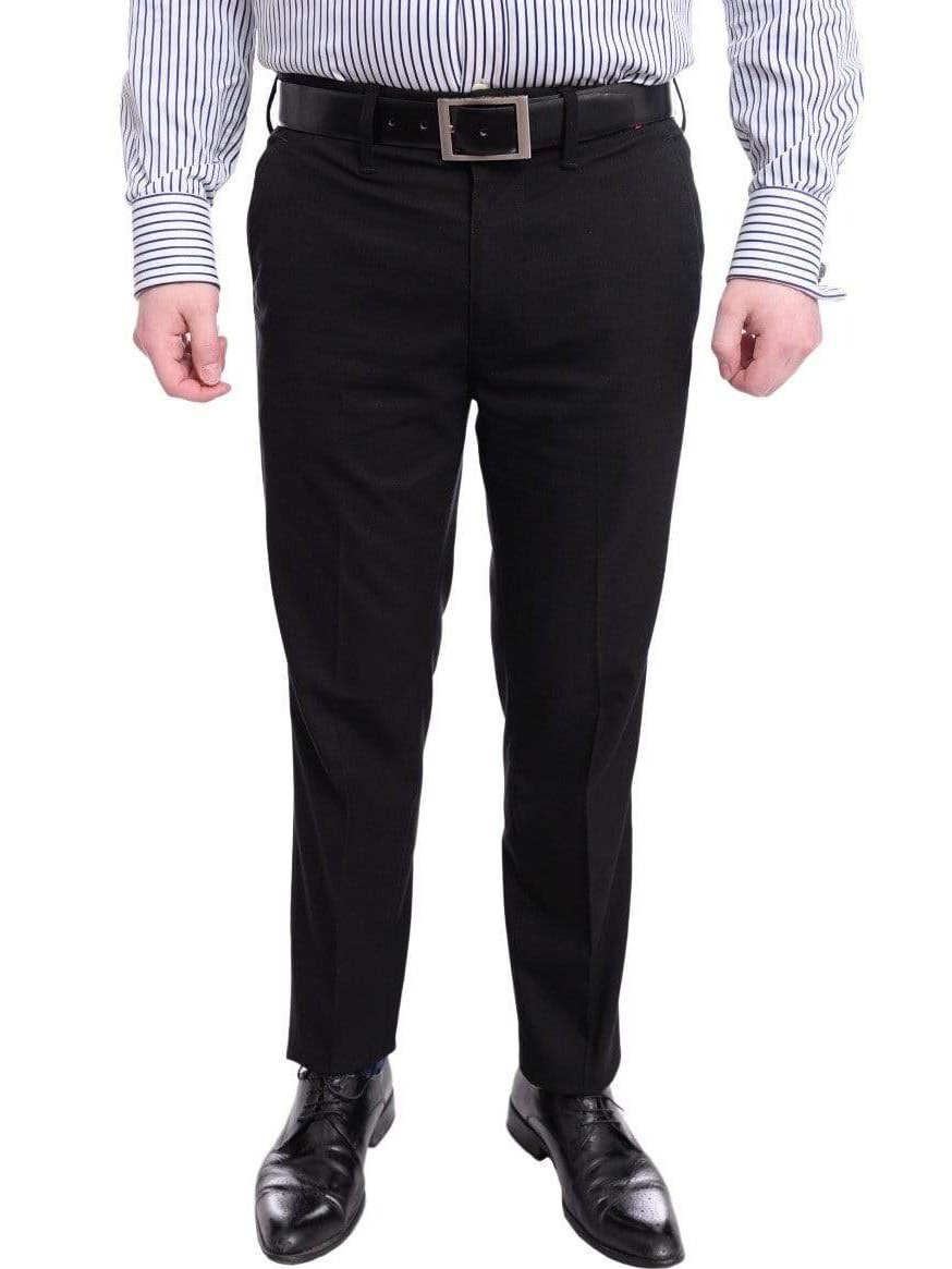 Mens Solid Black Slim Fit Flat Front 4 Way Stretch Dress Pants