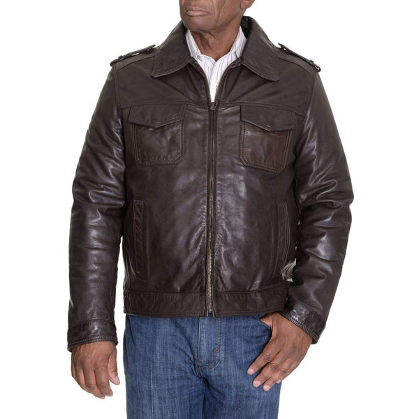 Narabar Måge Ydmyge Tommy Hilfiger Solid Brown Genuine Leather Jacket With Shoulder Epaulets |  The Suit Depot