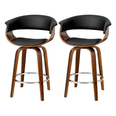 Angus Wooden Counter Stool Leather Swivel Set of 2 Black 65cm