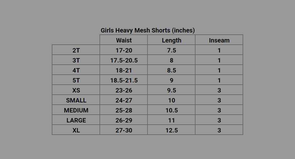 Girls Size Chart