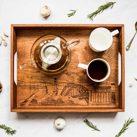 Bespoke wooden tray with newcastle skyline etch