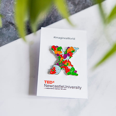 TEDx Imagine a World pin badge with backing card