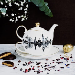 Tea for one set with black and white design featuring landmarks from Newcastle & Gateshead with real gold detailing 