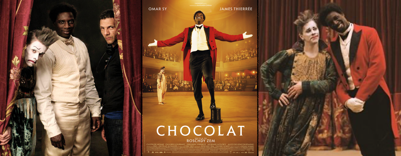 photo avec Roschdy Zem et ses comédien Omar Sy et James Thierrée pour son film Chocolat